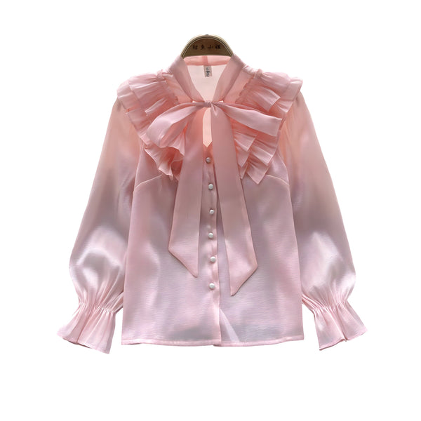 The Dorothea Bowknot Long Sleeve Ruffles Shirt - Multiple Colors SA Formal Pink S 