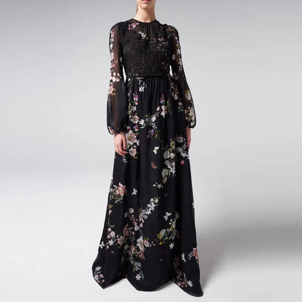 The Helena Lace Patchwork Black Lantern Sleeve Maxi Dress SA Formal 