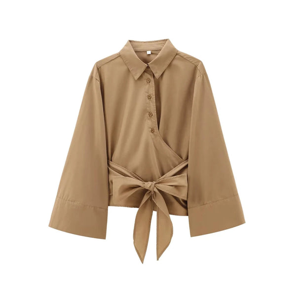 The Colette Long Sleeve Belted Blouse Saint Ashley Brown M 