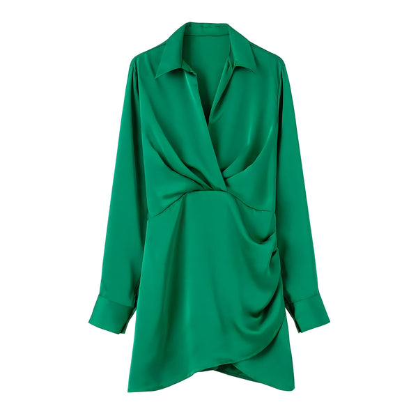 The Isadora Pleated Long Sleeve Mini Dress - Multiple Colors SA Formal Green XS 