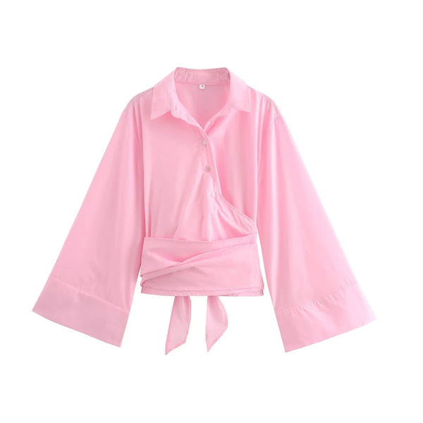 The Colette Long Sleeve Belted Blouse Saint Ashley Pink L 