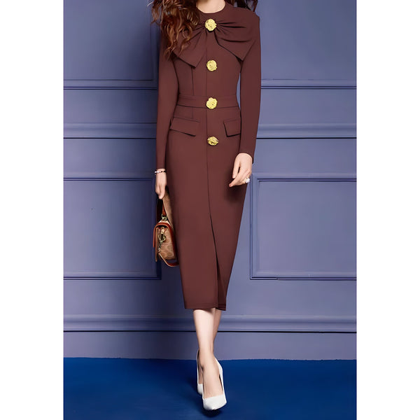 The Antonia Long Sleeve Midi Dress - Multiple Colors SA Formal Brown S 