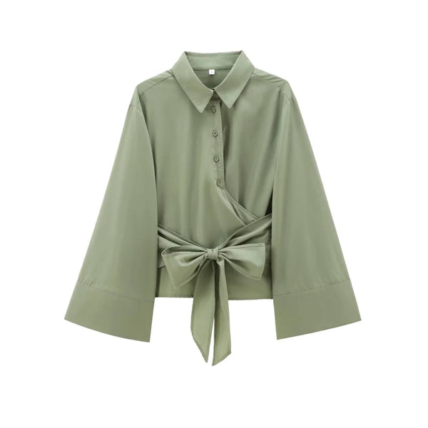 The Colette Long Sleeve Belted Blouse Saint Ashley Green XS 